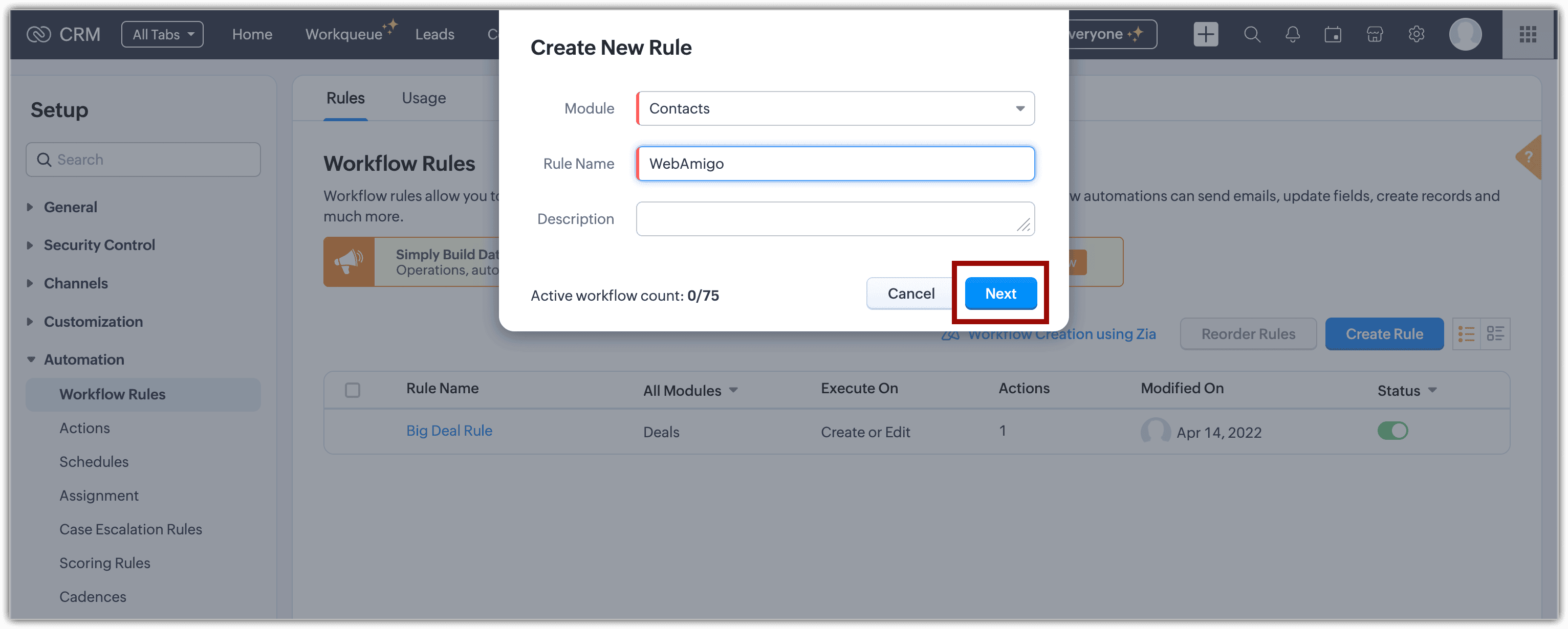 Rule details popup