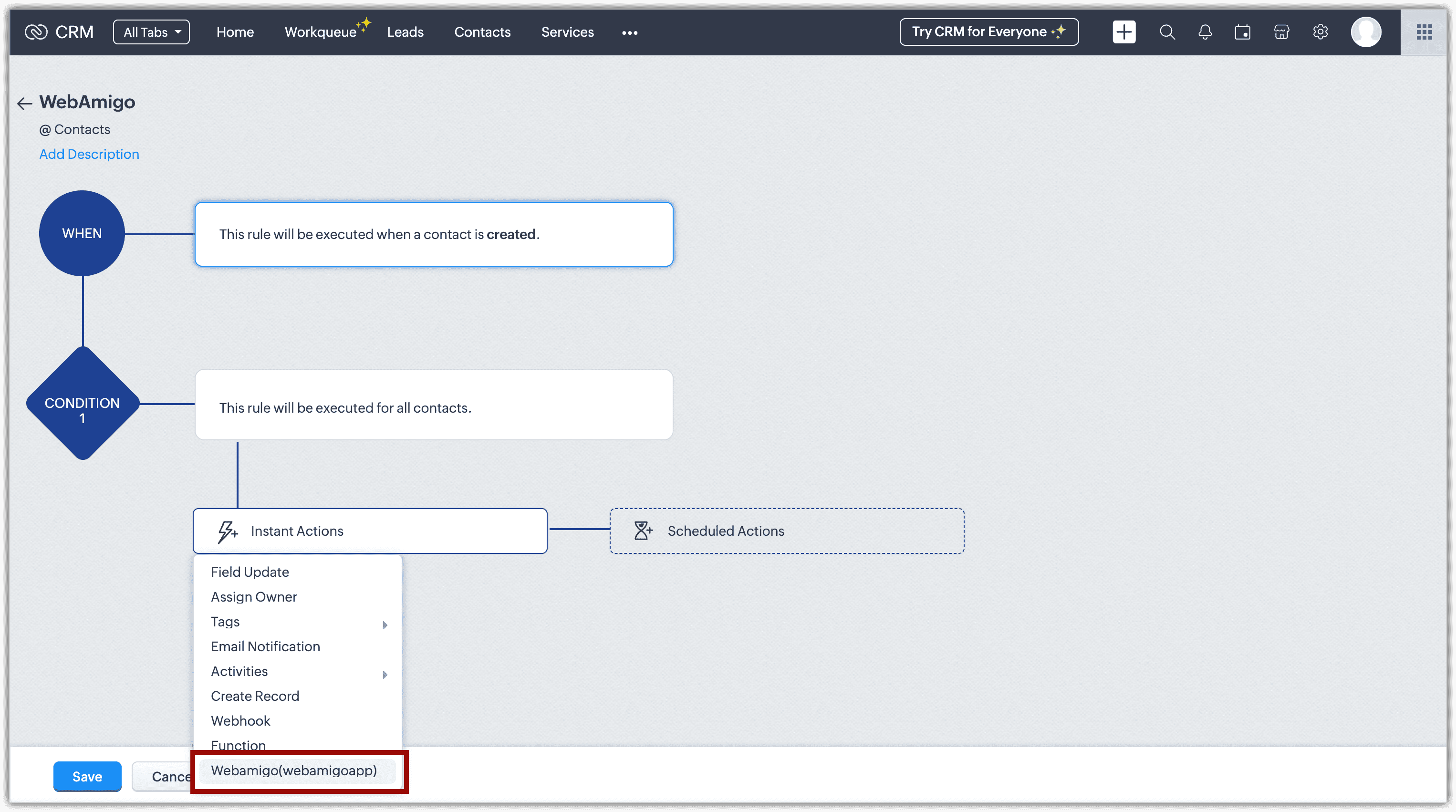 Select webamigo instant action