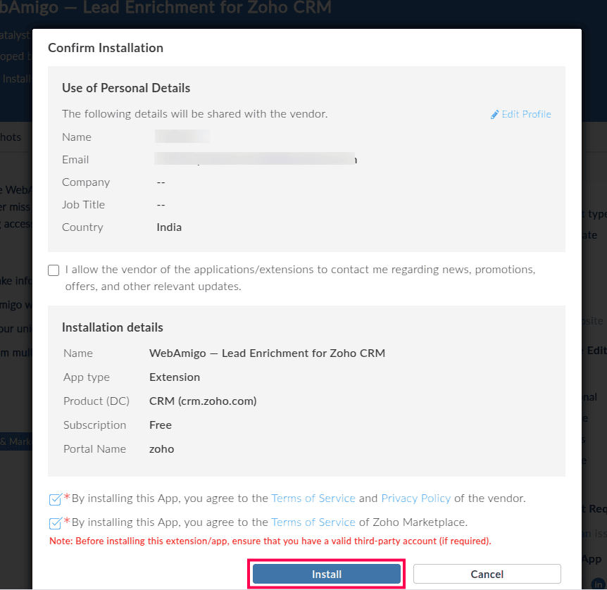 Install extension agreement