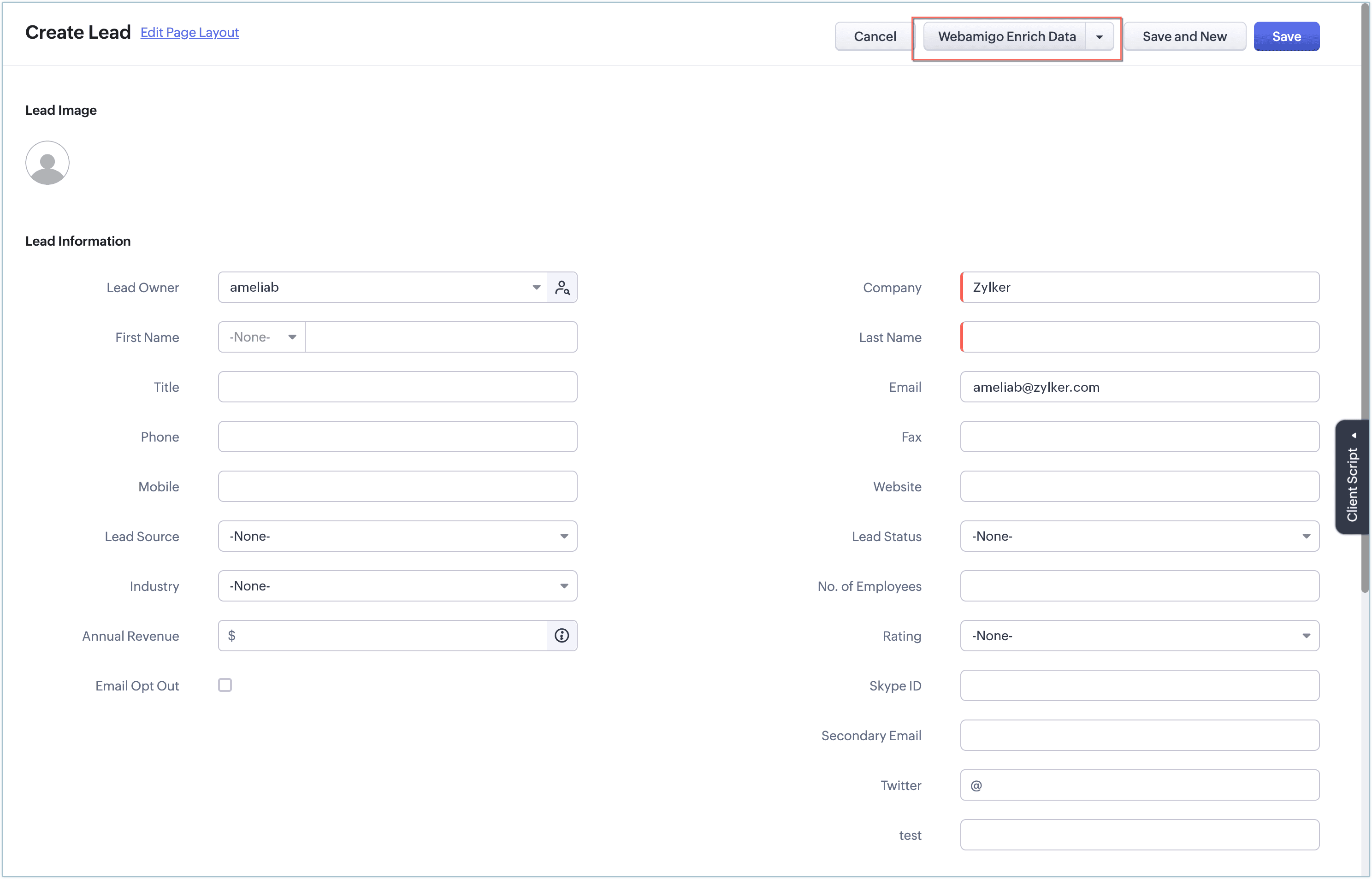 WebAmigo enrich data button